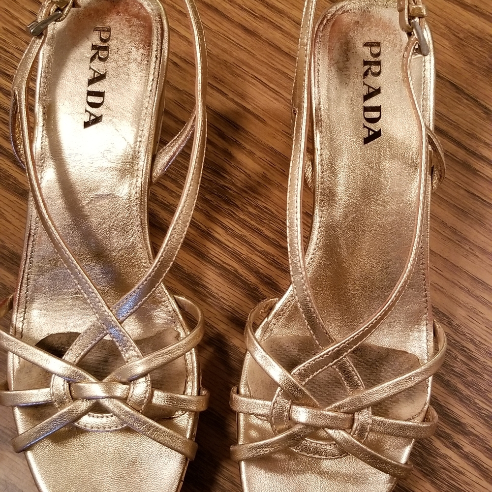 Prada Gold Leather Slingback Platform Wedge